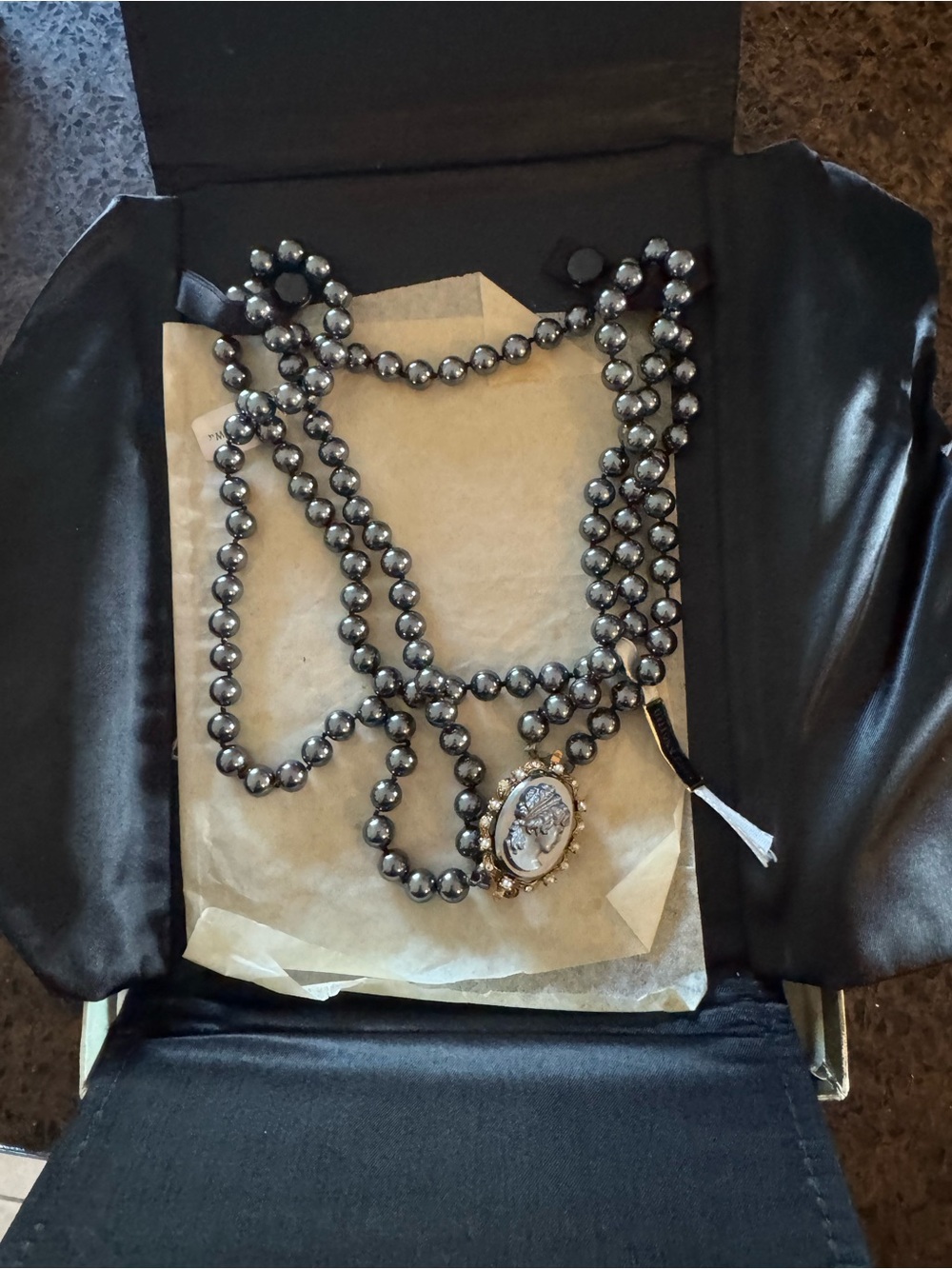 Hematite Beaded Statement Necklace with Decorative Pendant - Gray